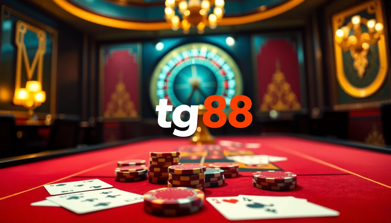 Experience thrilling gameplay with tg88 at a luxurious online casino featuring poker chips and roulette.