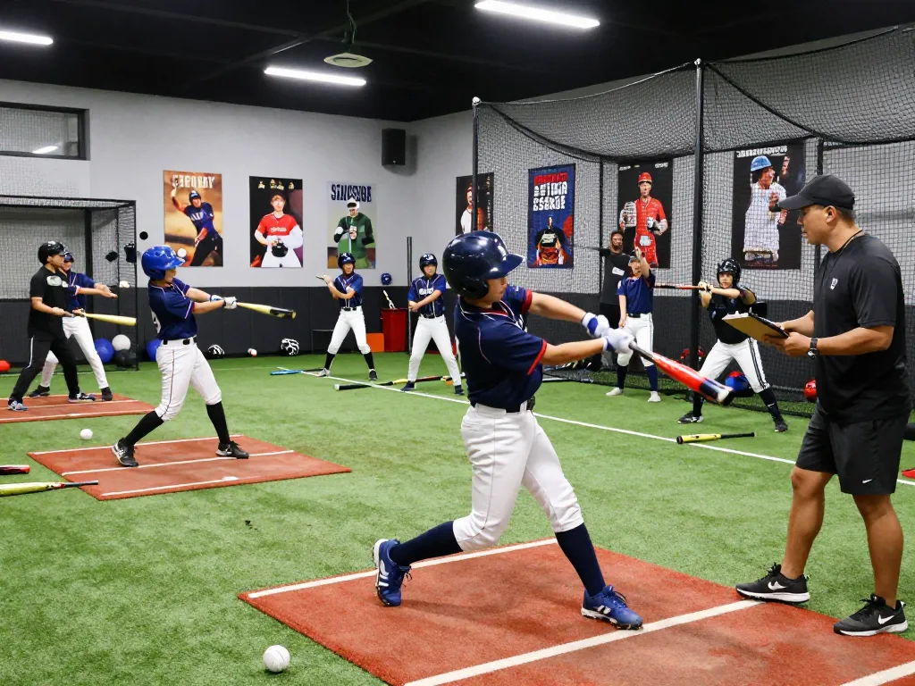 Young athletes training at hitclub batting facility, showcasing baseball techniques and teamwork.