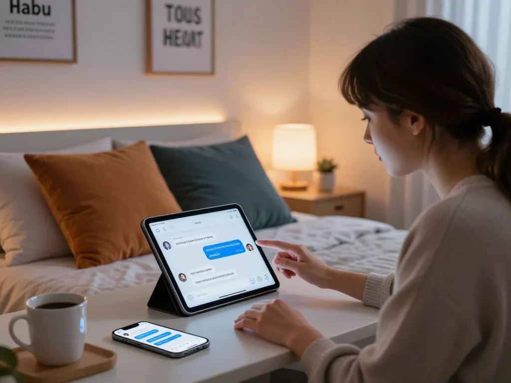 Engaging free AI sex chat with a virtual companion on a tablet in a cozy bedroom.