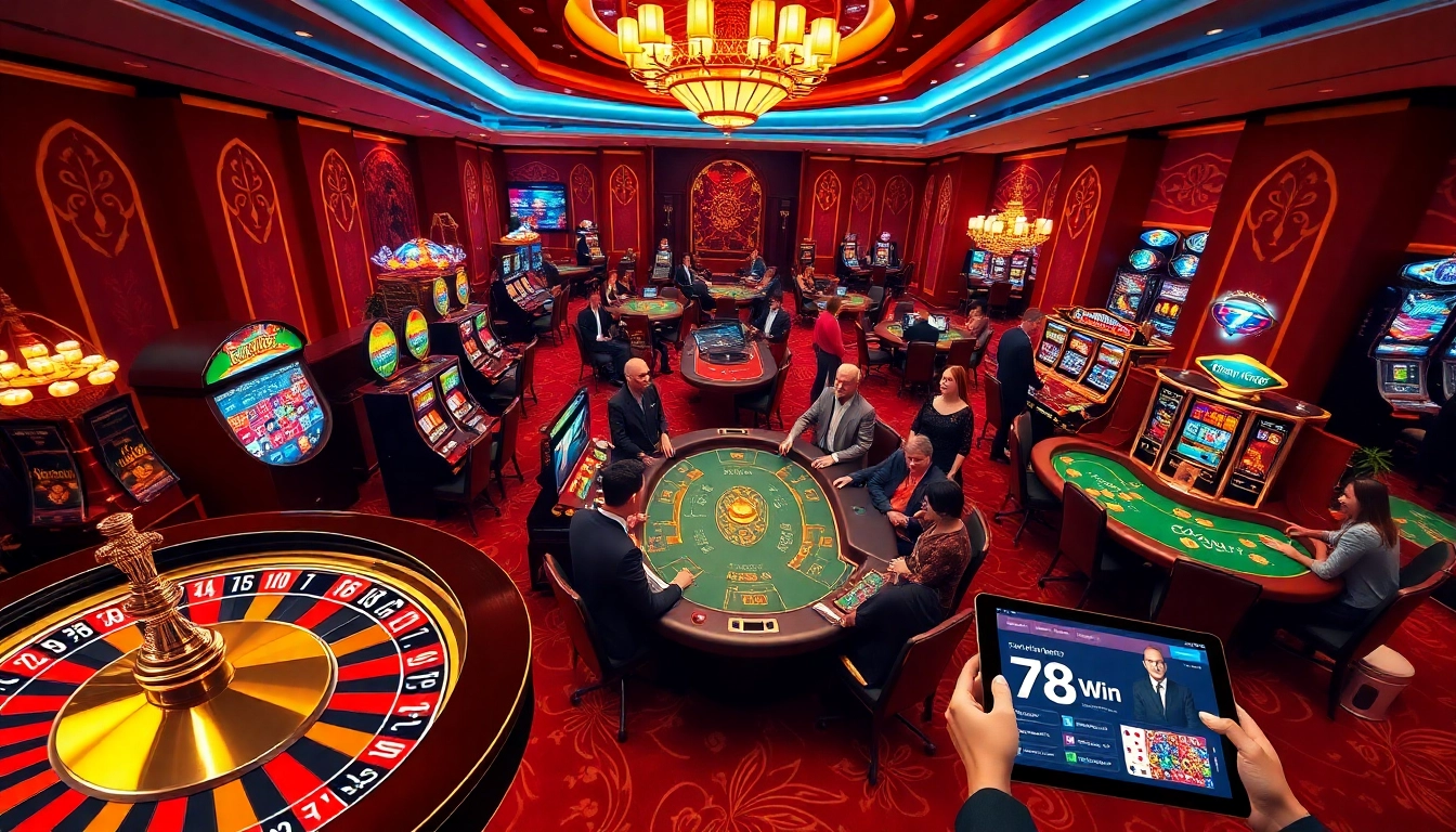 Exciting gaming scene featuring link vào 78Win on a tablet among casino tables and players.