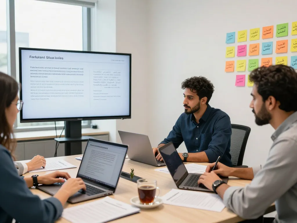 Team collaborating on Arabic translation services in a modern office setting, showcasing multilingual documents and cultural insights