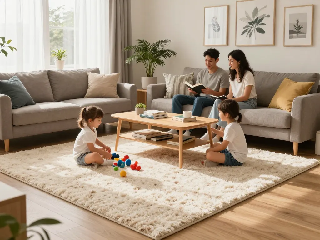 Cozy living room featuring affordable carpets London, family gathered around enjoying a warm atmosphere.