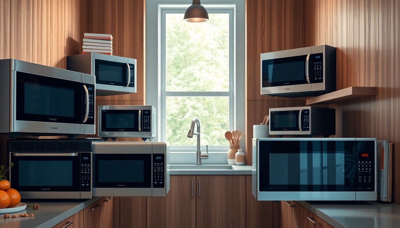 Showcase of microwave oven sales featuring sleek designs and modern kitchen settings.