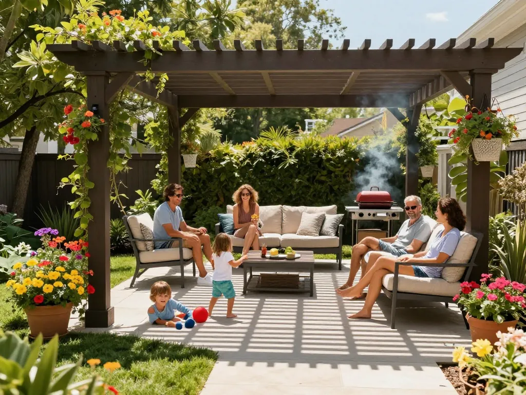 Custom pergola configurator showcasing a family enjoying outdoor living in a beautifully designed backyard setting with lush greenery.