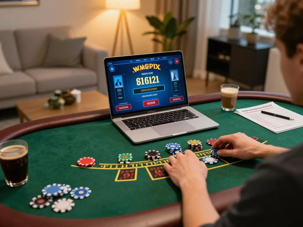 The man club member engaging in online blackjack gameplay from a cozy home setup, blending strategic betting with personal comfort.