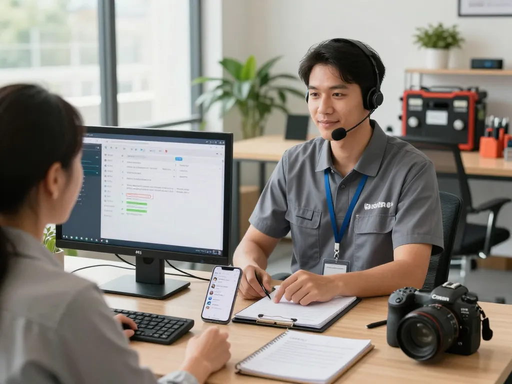 AI receptionist for home services managing calls and scheduling tasks in a professional office