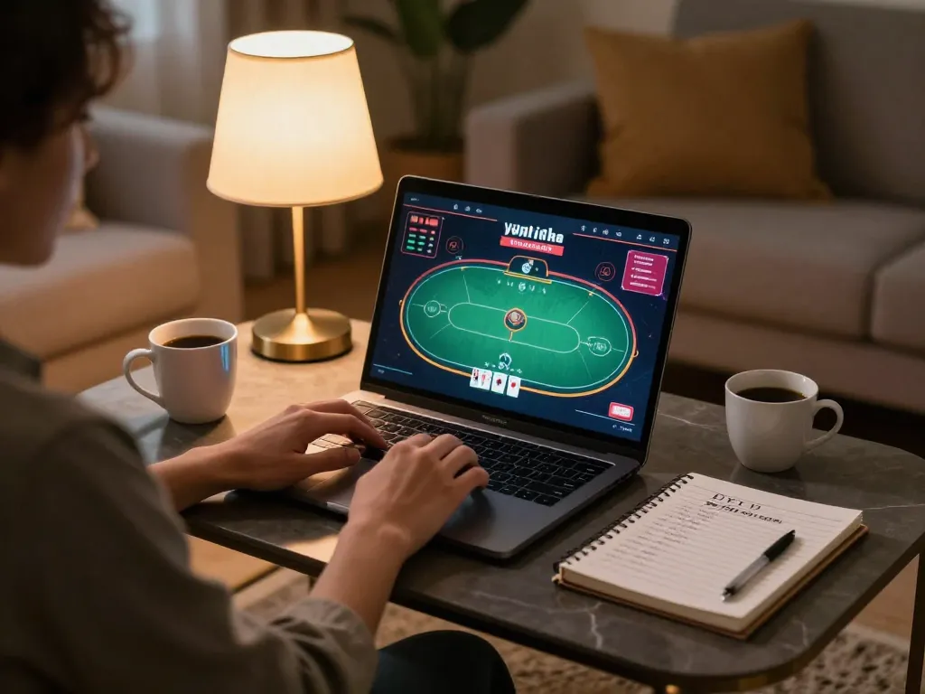 Engaging online gaming session with lc88 poker game displayed on laptop, emphasizing responsible gambling.