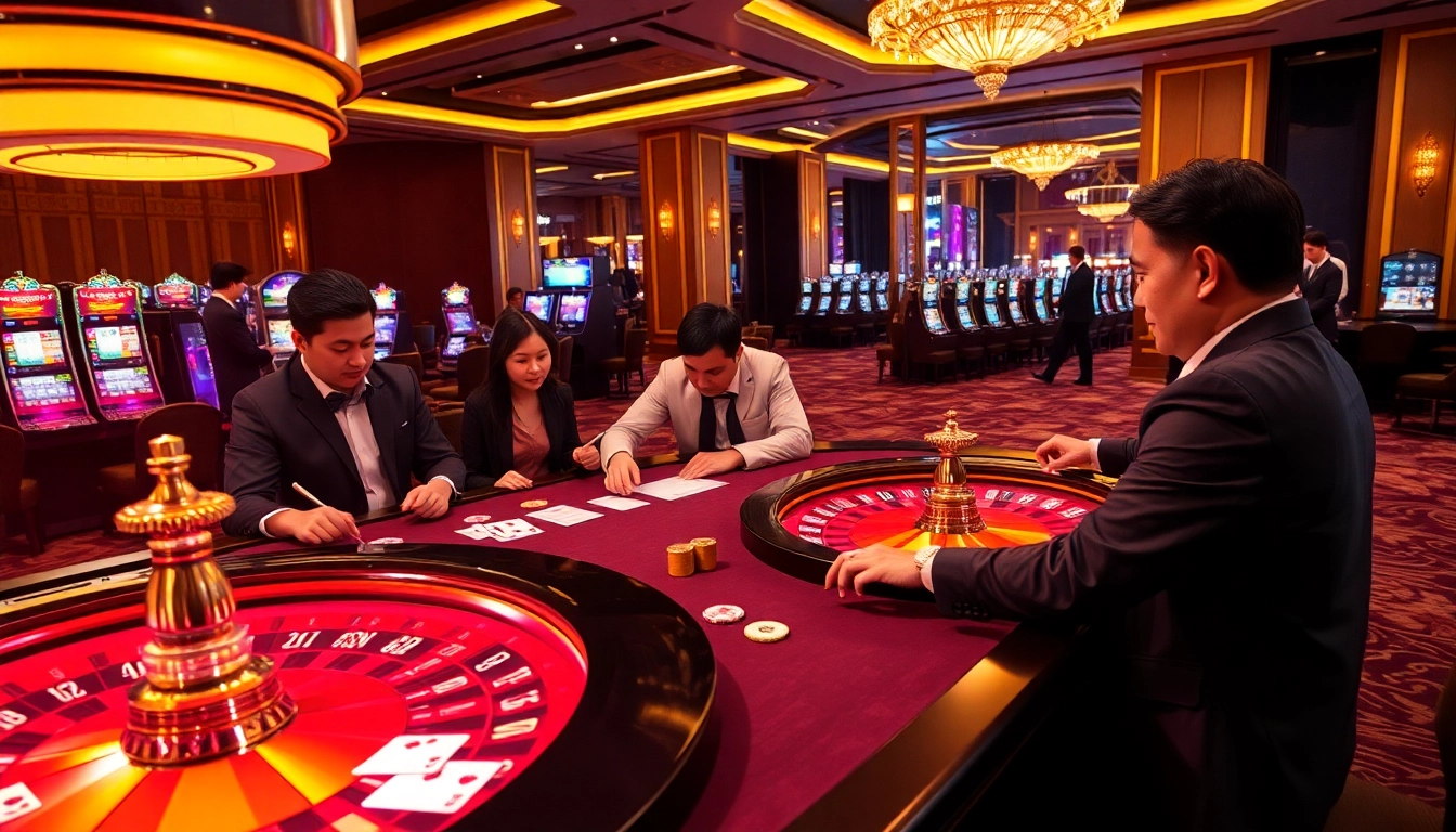 Players engaging in thrilling PG88 casino games at a luxurious table with poker chips and cards.