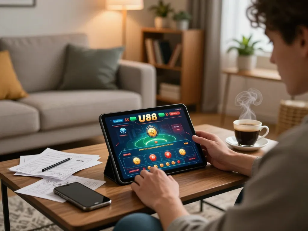 Engaging with the U88 online gaming interface during a cozy home session