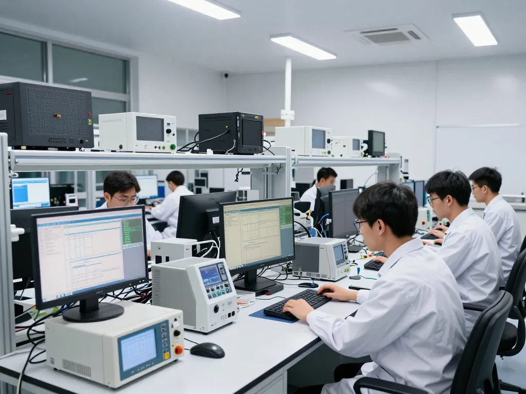 Engineers conducting EMC testing in advanced laboratory setup.
