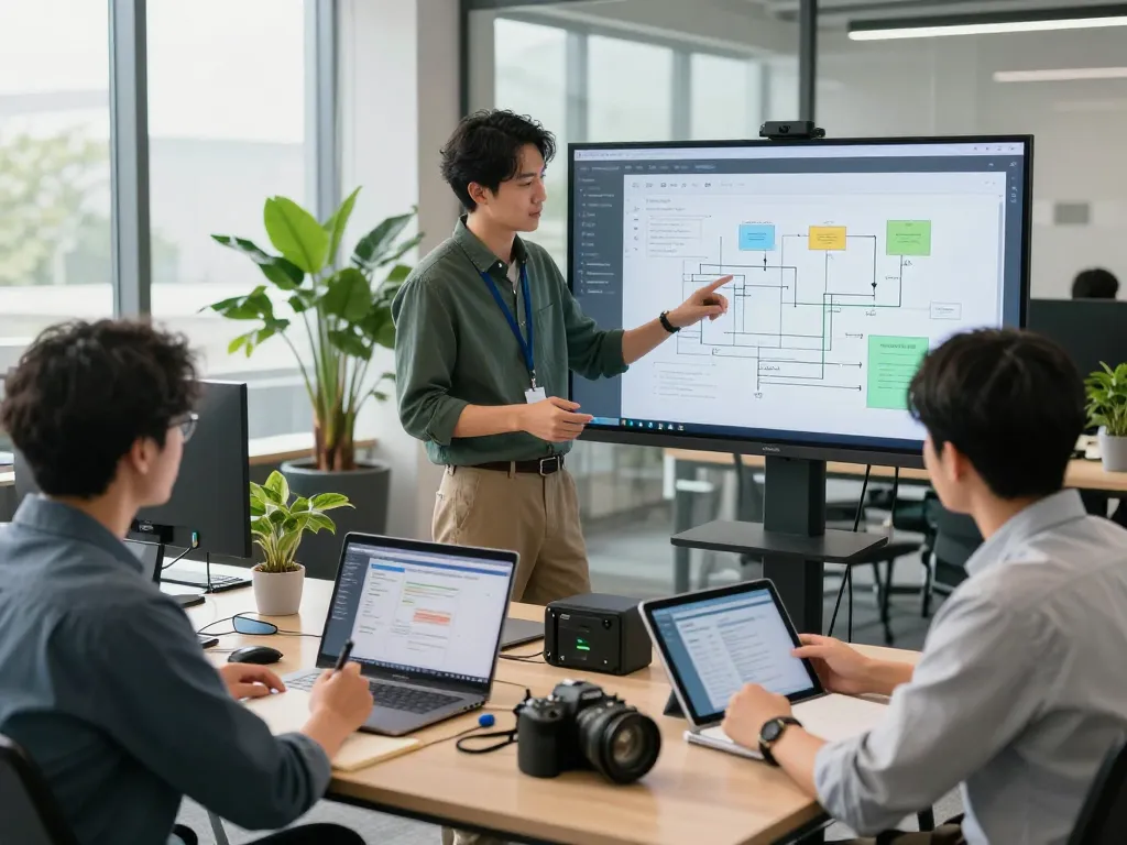 Collaboration scene with automation specialist optimizing workflows in a modern office.