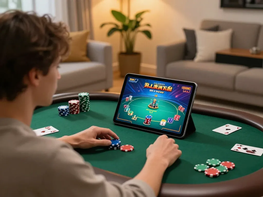 Person enjoying sam86 online poker game on tablet in cozy living room setting