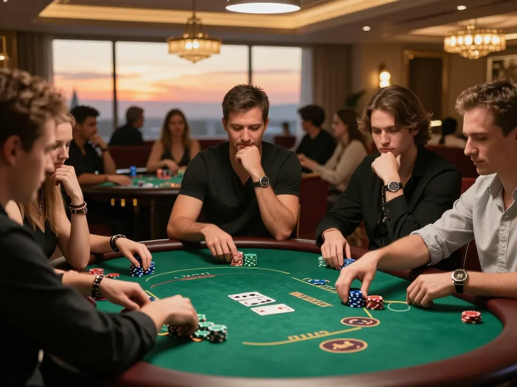 Iwin players engage in intense poker strategy at an upscale casino table with vibrant action.
