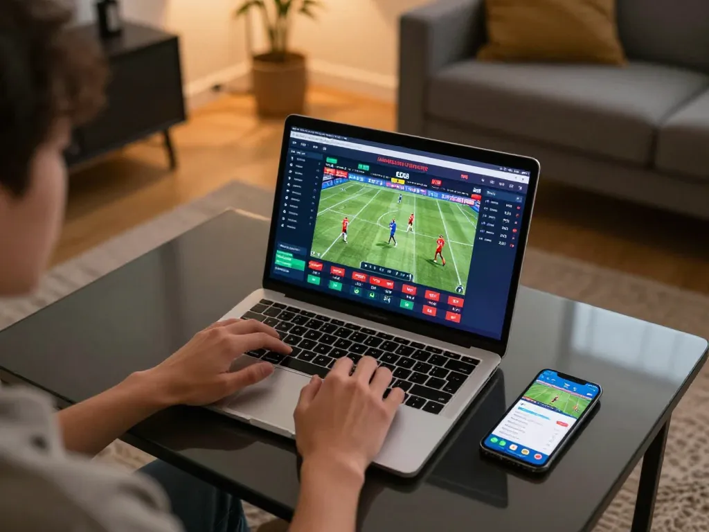Engaging moment of keo nha cai, person watching live sports odds on laptop with smartphone open beside