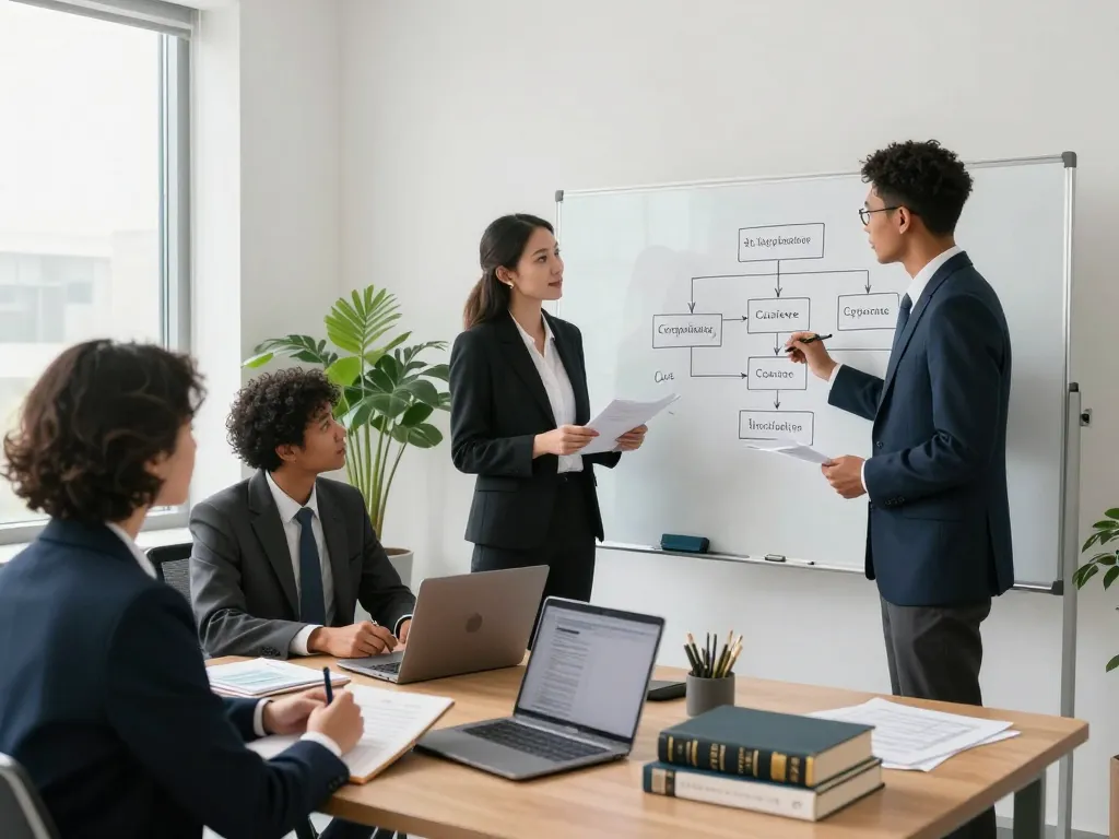 Business incorporation lawyer Ontario team collaborating in a modern office, showcasing legal strategies and documents.