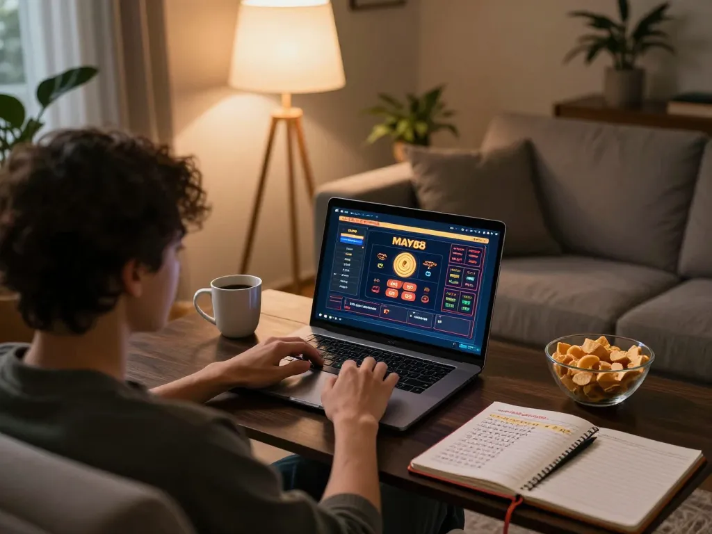 MAY88 player engaged in online casino gaming from home with laptop and snacks.