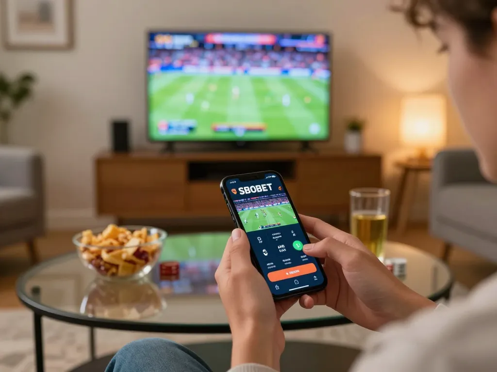 Aksi taruhan olahraga SBOBET dengan seseorang yang menggunakan smartphone di rumah.
