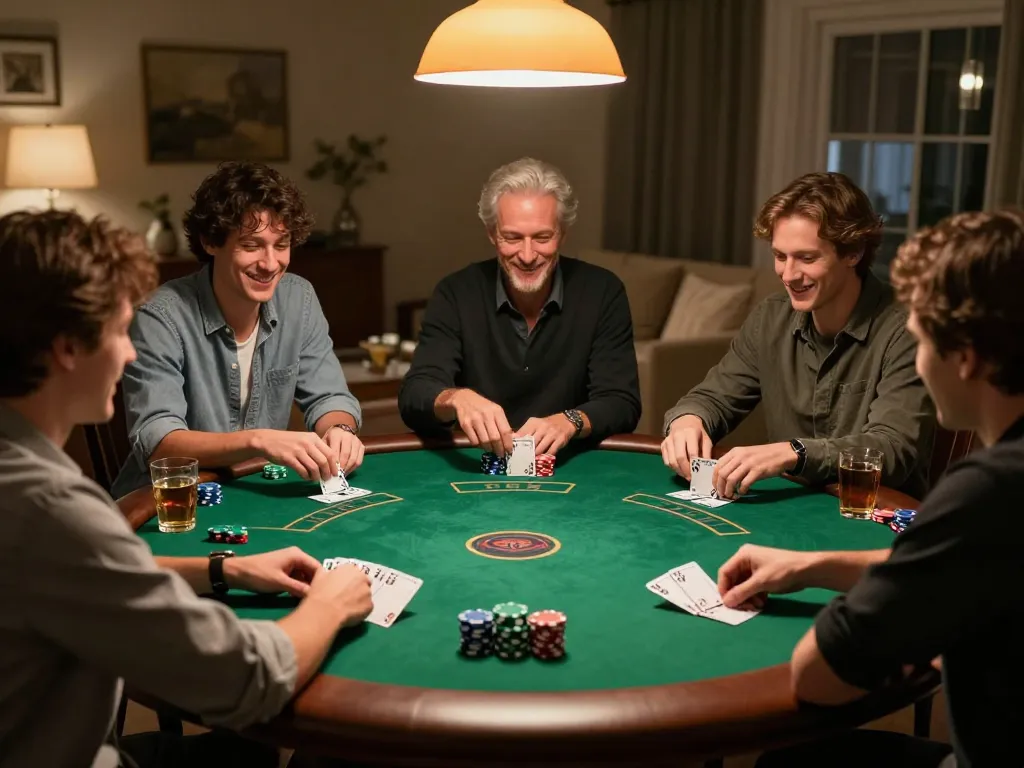 Friends enjoying a game of poker at home, featuring vip79 in an engaging and strategic atmosphere.