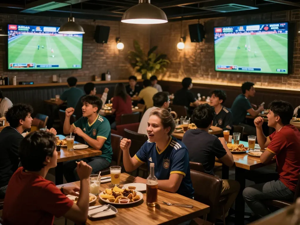 Xoilac fans cheering while watching live soccer matches at an upscale sports bar, capturing dynamic atmosphere.