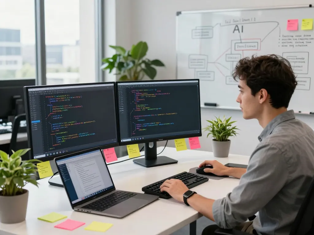 Visual of a tech workspace highlighting mind control ai development with an engineer coding on dual monitors.