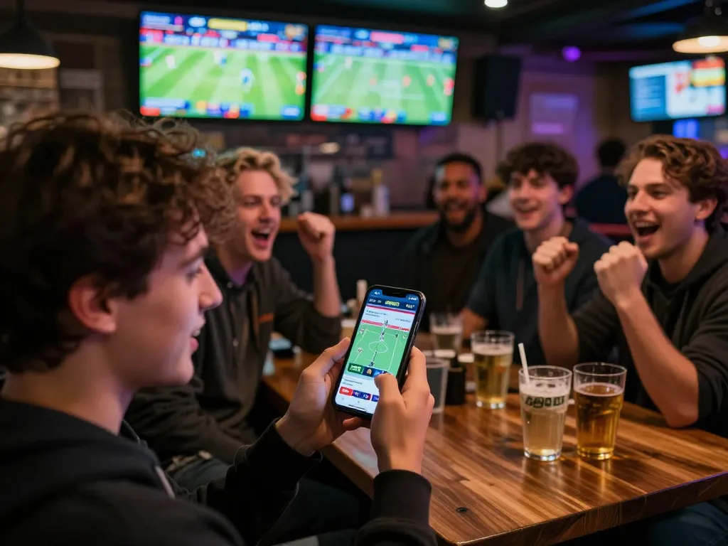 Kegembiraan taruhan olahraga SBOBET dengan peluang langsung ditampilkan di smartphone di bar yang ramai
