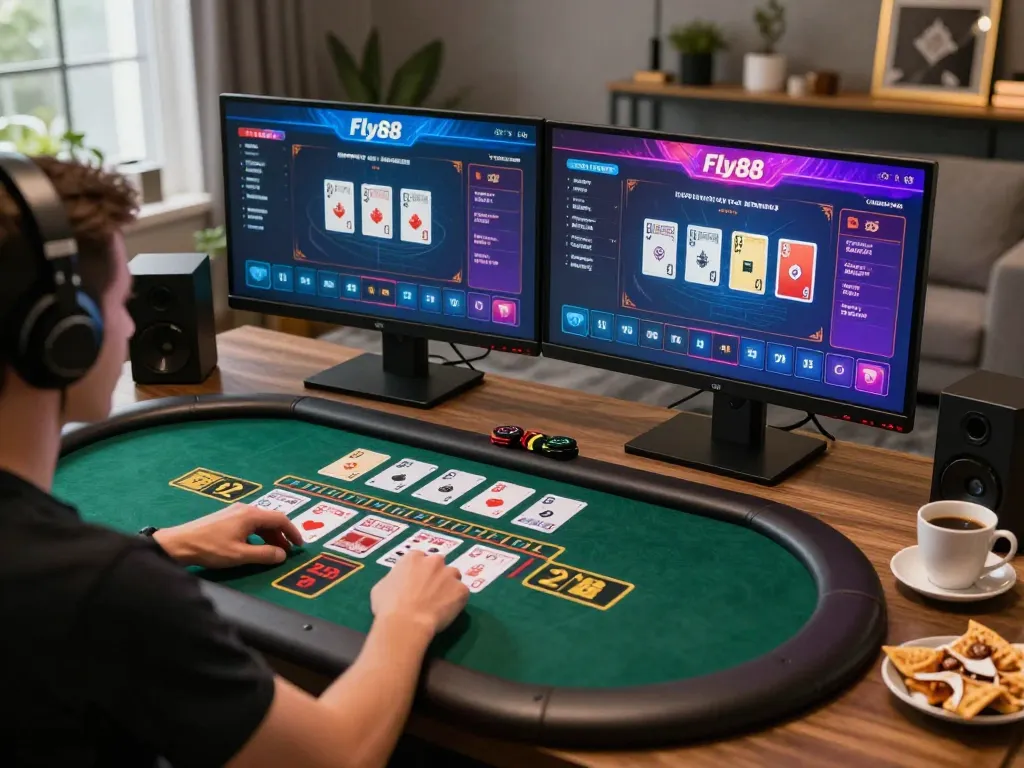 An engaged user playing live dealer blackjack on Fly88 with vibrant screens and stylish setup.