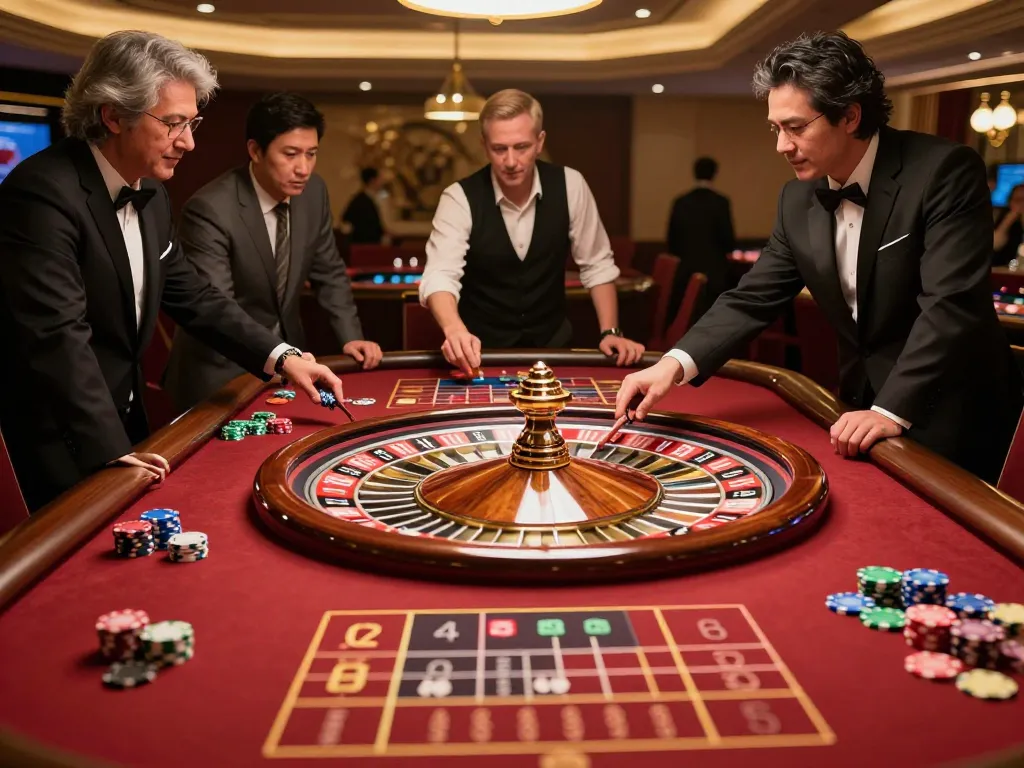 Pemain SBOBET dengan antusias memasang taruhan di meja roulette mewah selama malam kasino yang meriah.