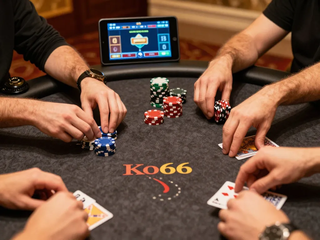 Engaged players strategizing at Ko66 online casino poker game on mobile device.