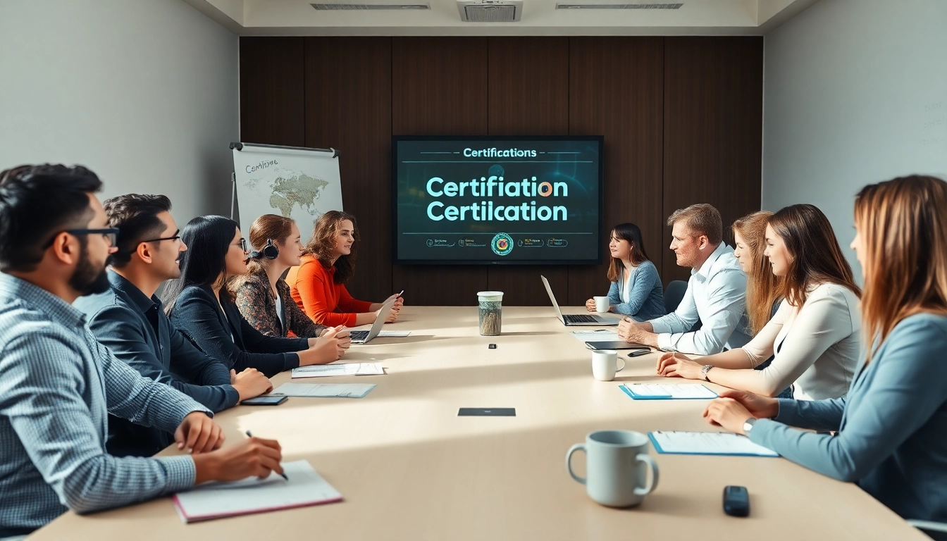 Explore options to get certified with professionals collaborating in a conference room setting.