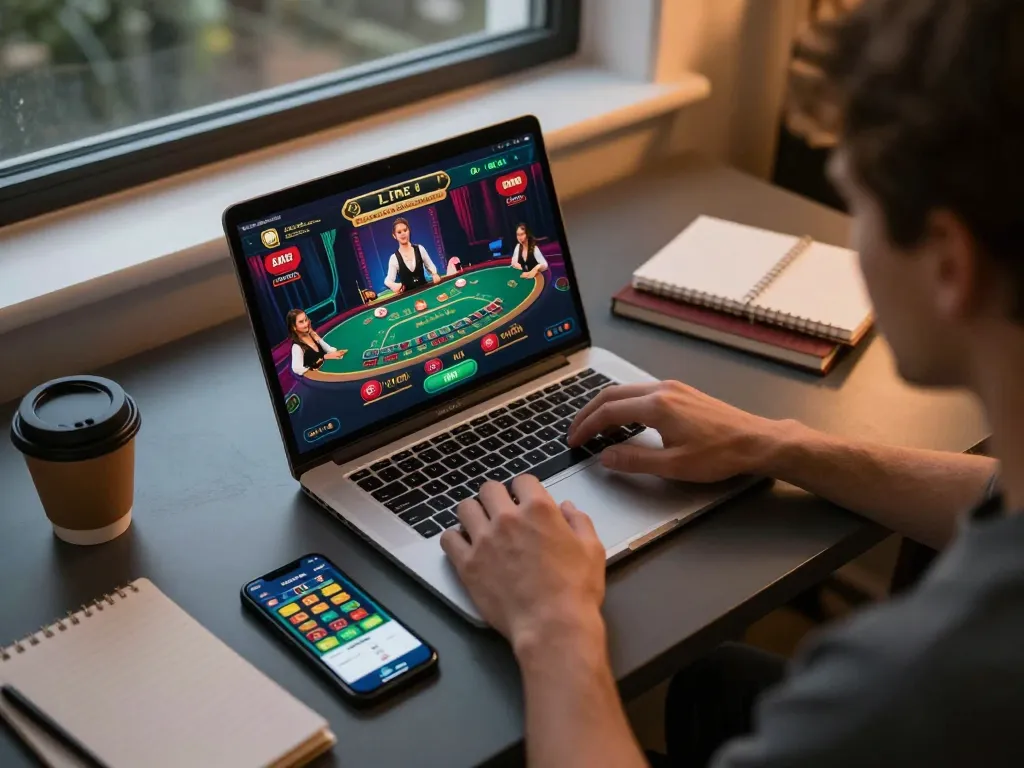 LUCKY88 player enjoying a thrilling online blackjack game on a laptop, illustrating responsible gaming.