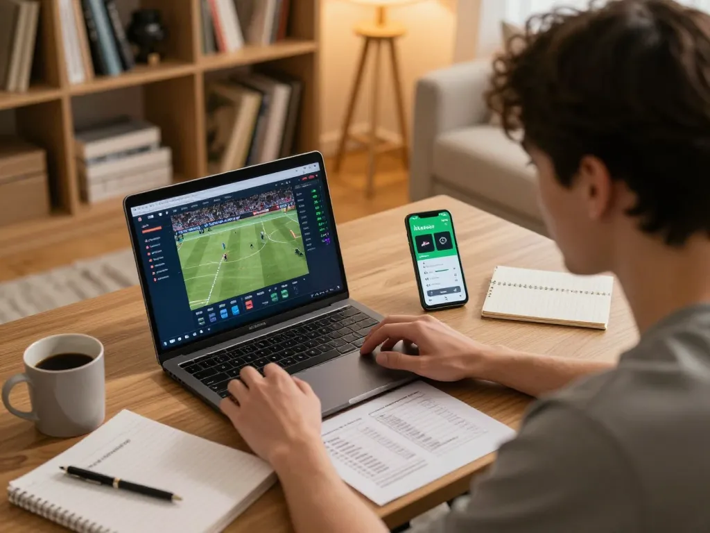 Engaging in kèo nhà cái betting strategies on a laptop in a cozy home setting.