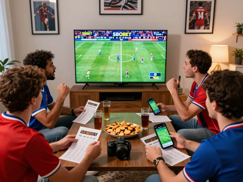 SBOBET sports betting scene with friends celebrating and placing bets in a lively living room atmosphere.