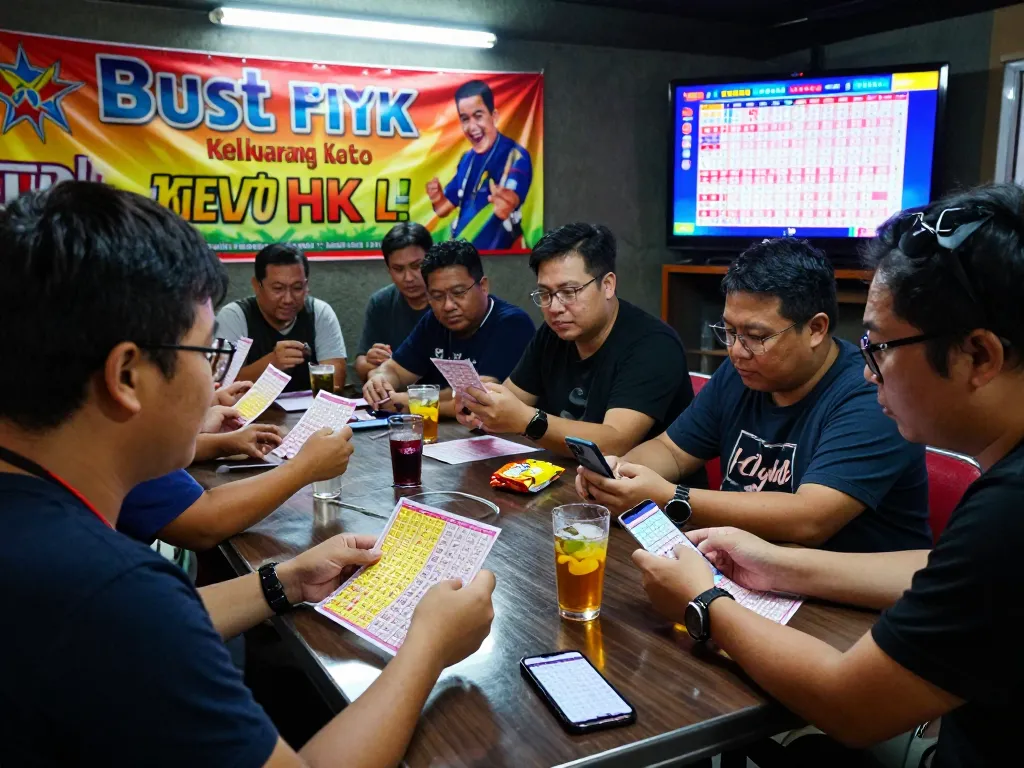 Pemain Keluaran HK Lotto dengan antusias meninjau hasil undian dan tiket dalam suasana yang meriah.
