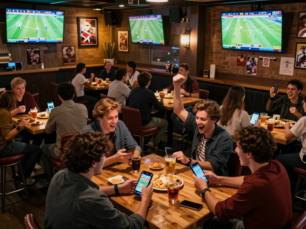 Secara antusias bertaruh pada Judi Bola di suasana bar olahraga yang ramai saat pertandingan sepak bola.