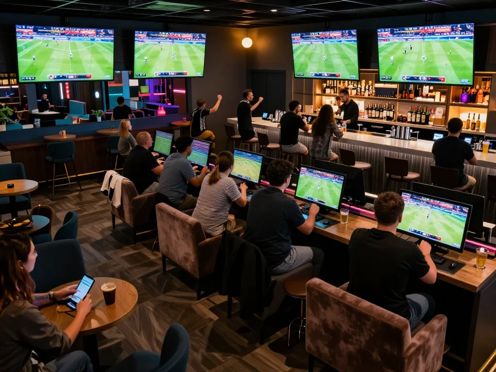 SOCOLIVE offers live betting excitement with fans engaging on mobile apps in a vibrant sports lounge.