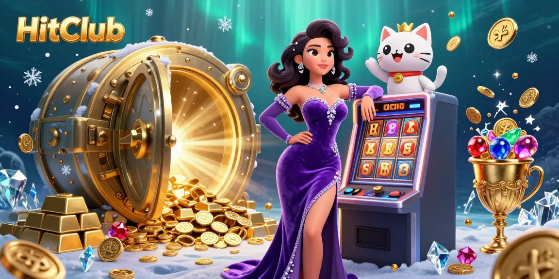 Engage with HitClub's thrilling jackpot scene featuring a glamorous woman beside a fortune cat mascot.