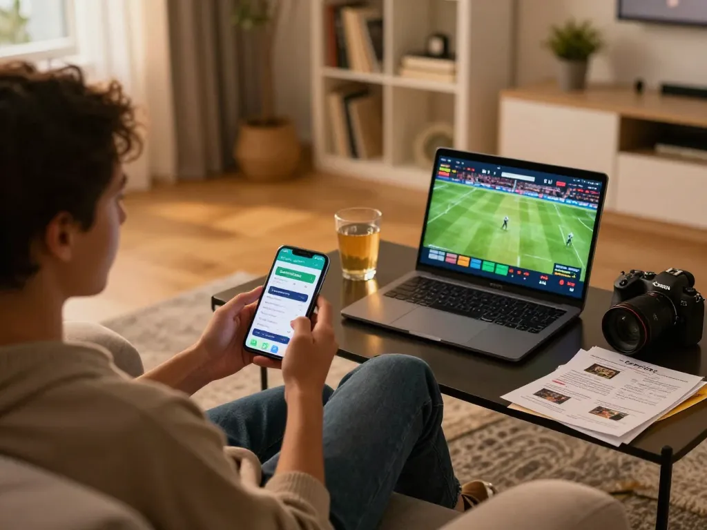 Socolive app displayed on smartphone for immersive online soccer experience on a cozy gaming setup.