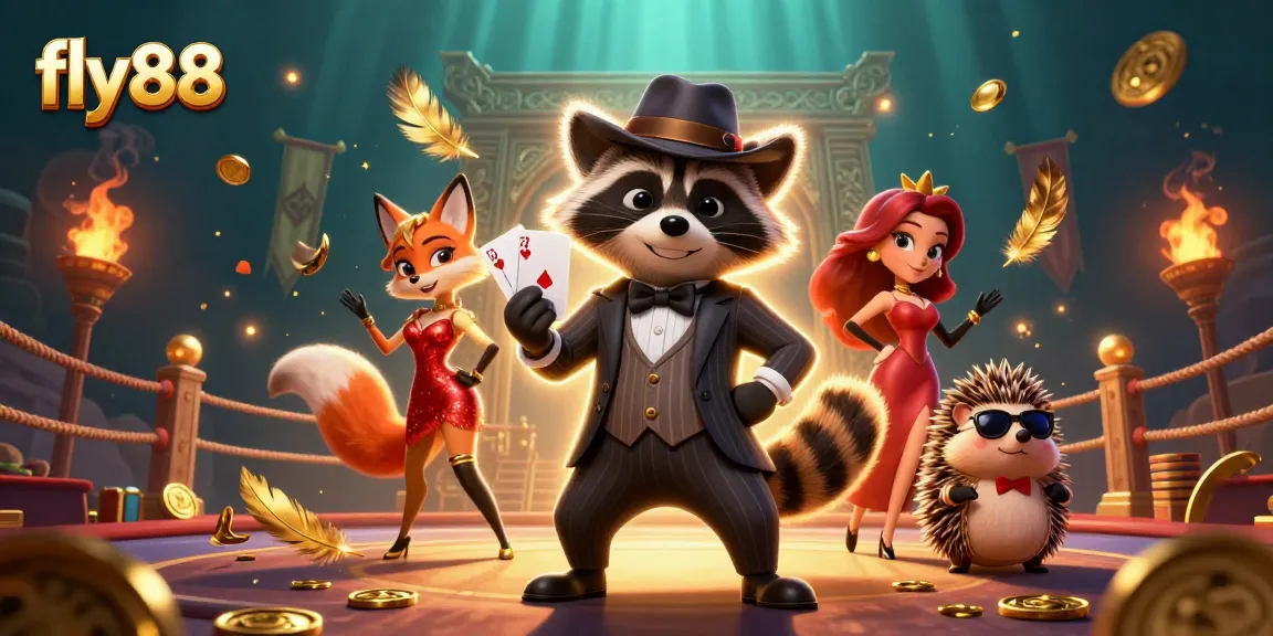 Fly88 characters hold royal flush hand amidst vibrant gambling elements, showcasing excitement in online gaming.