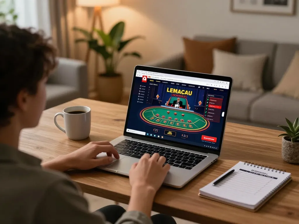 LEMACAU player enjoying a live dealer baccarat game on their laptop in a cozy home setting.