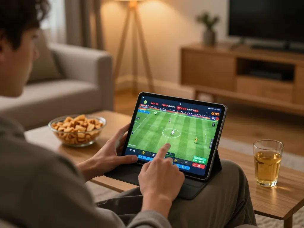 Socolive link prominently featured as a user places a bet on a soccer match in an inviting home setting.
