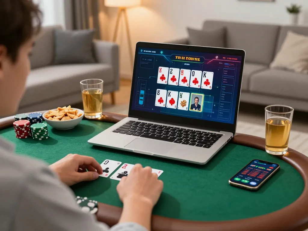 Person engaged in online poker gameplay via laptop in a stylish home setting, reflecting strategic gambling with sunwin.
