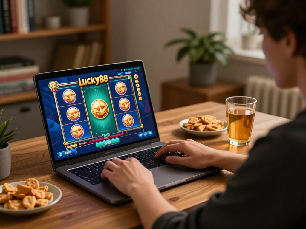 Enjoy playing lucky88 slots online with a vibrant interface and cozy home setup for optimal gaming.