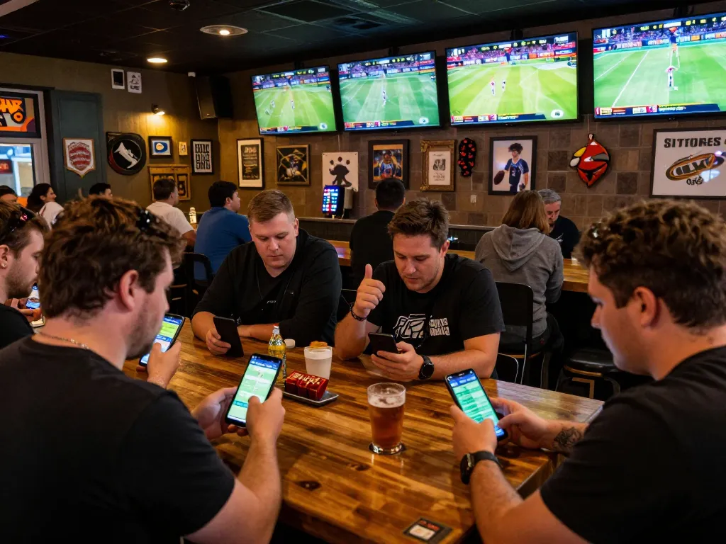 Person placing sports bets on mobile app in vibrant social setting at a sports bar showing excitement with the keyword debet.