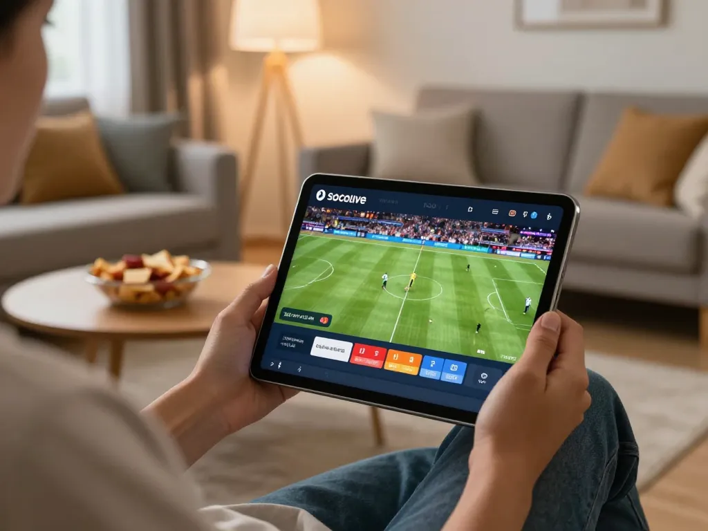 Using Socolive link on tablet for online football streaming in cozy living room, emphasizing exciting sports betting.