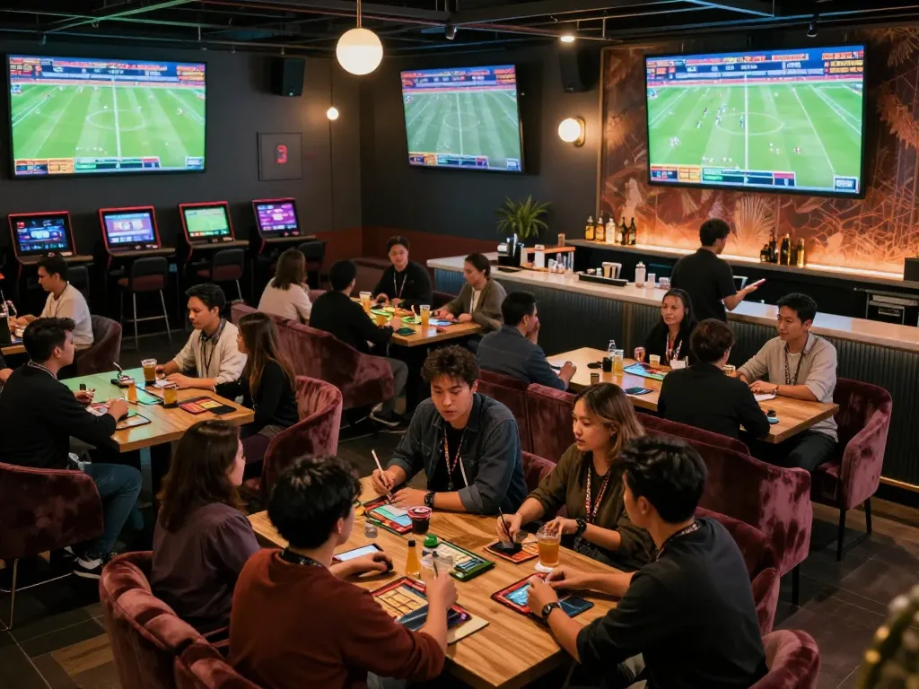 Experience Socolive link excitement at a trendy sports betting lounge with fans enjoying live games