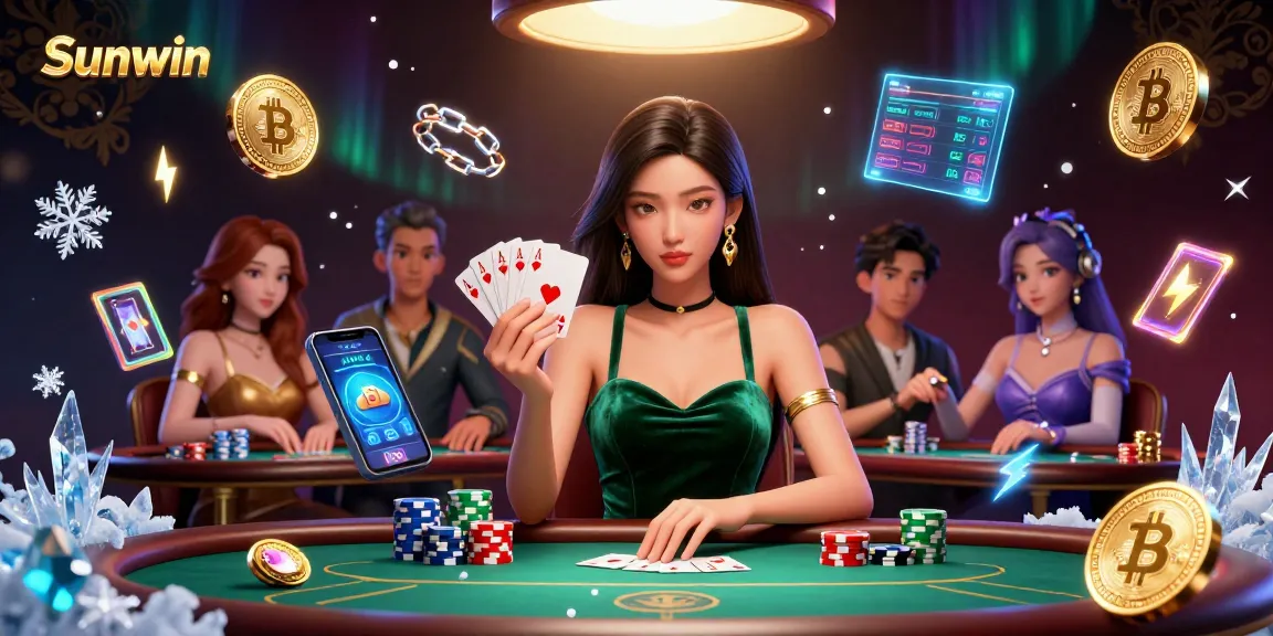 Experience the excitement of gambling with Sunwin at a luxury poker table, featuring vibrant crypto coins.