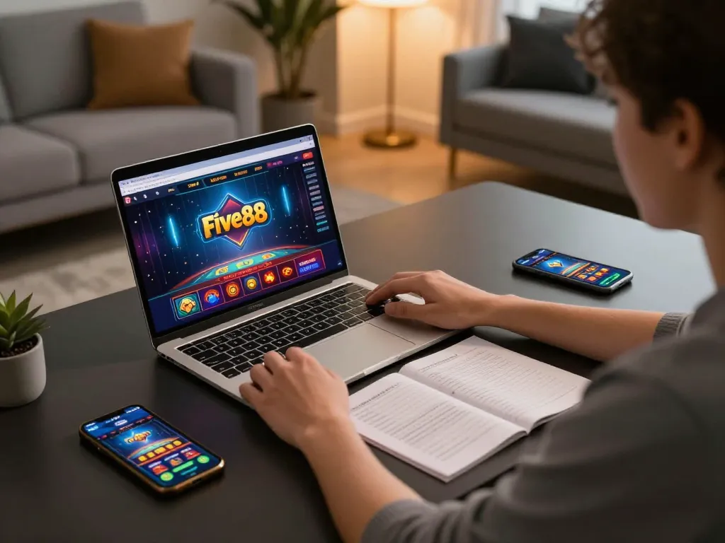 Engaging user at home exploring five88 online casino gaming on laptop with strategic notes.