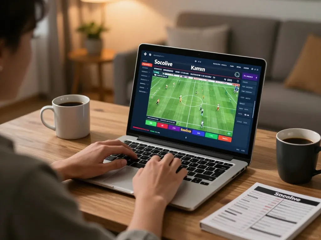 Socolive link displayed on laptop screen for sports betting in a cozy home setting
