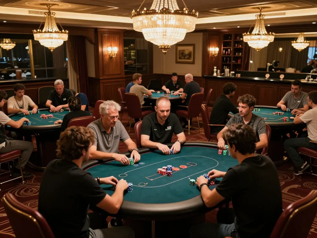 Situs Poker Lapak303 players enjoying a high-stakes game in an elegant poker room with rich decor.