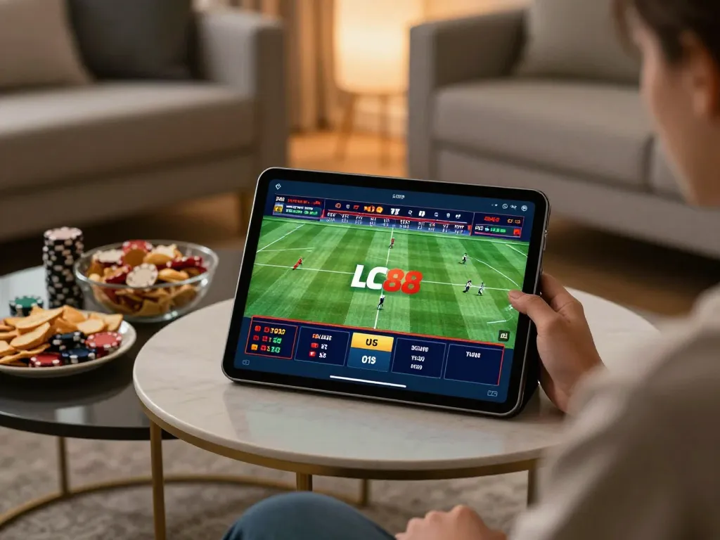 LC88 sports betting action on tablet in a cozy living room with snacks and ambiance.